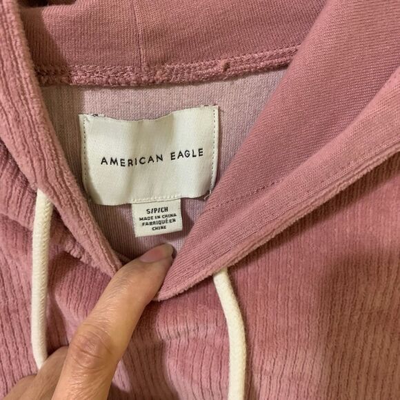 American Eagle Size S Pink Ribbed Pullover Hoodie Drawstring - Picture 2 of 4